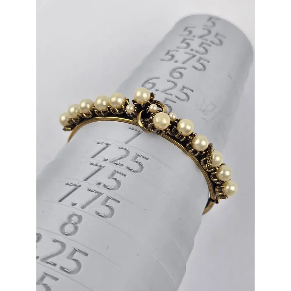 Vintage Florenza gold tone pearl clamp bracelet w/ etched design size 6.75